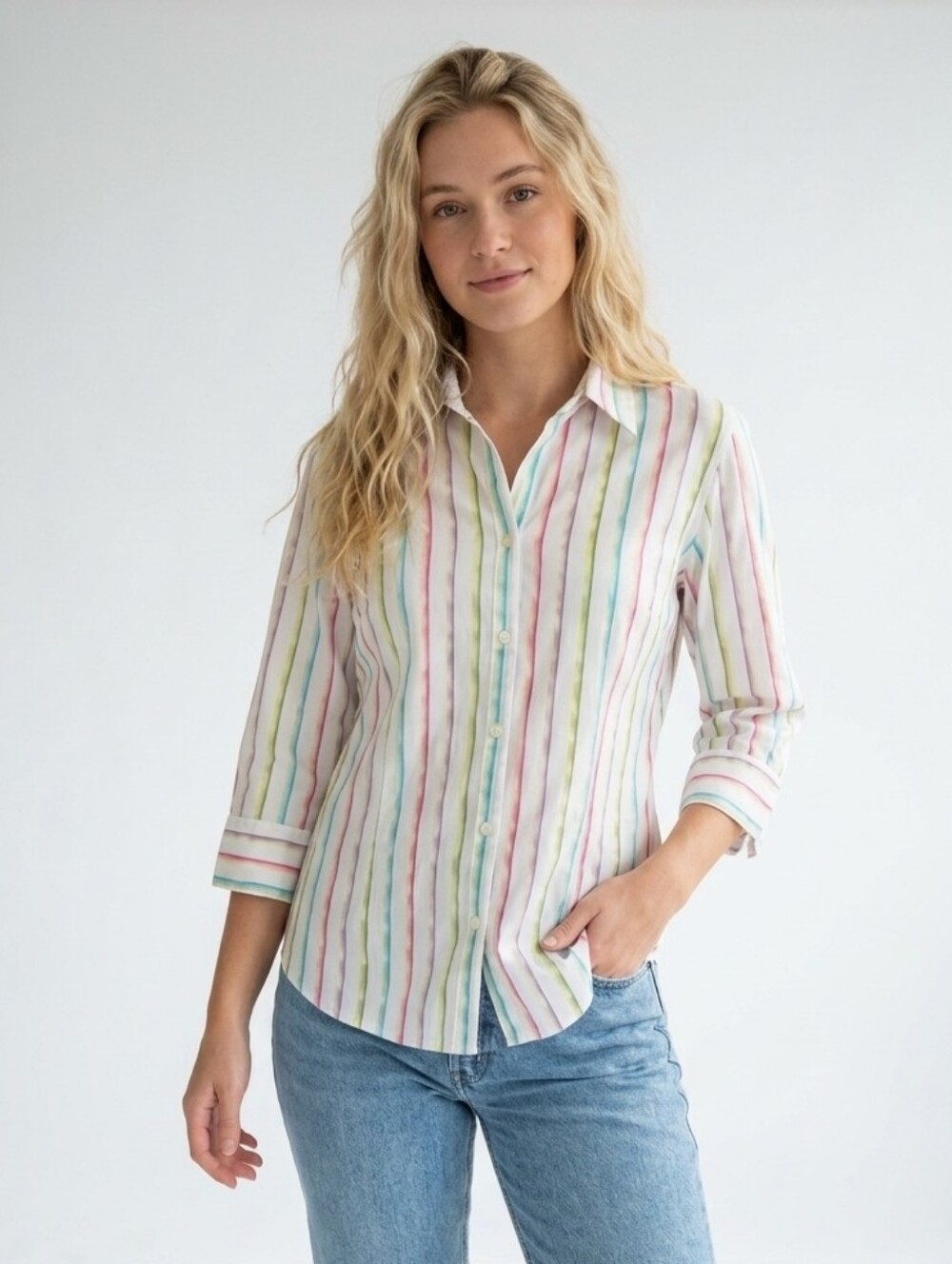 LEMON GRASS SHIRT Button Down Multi color Stripe White Medium Stretch